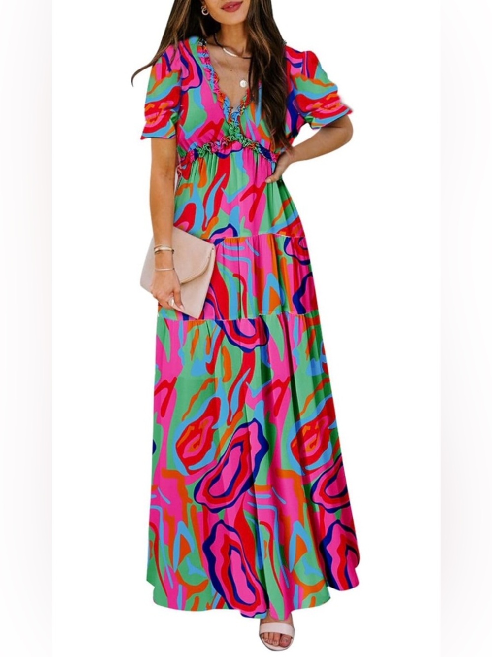 Vibrant Multicolor Boho Maxi Dress with V-Neck | Size L | Never Worn